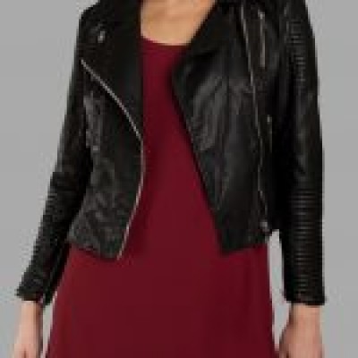 Black Quilted Bomber Biker Leather Jacket For Women