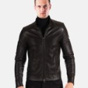 Black Stand Collar Leather Jacket For Biker Men