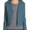 Blue Faux Leather Biker Jacket For Women