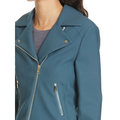 Blue Faux Leather Biker Jacket For Women