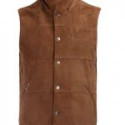 Brown Men’s Leather Padded Vest With Hood