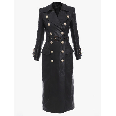 Long Black Leather Trench Coat For Women