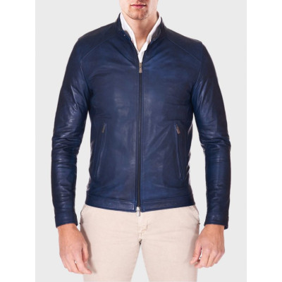 Men Ionic Blue Biker Leather Jacket