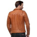 Men Tan Color Quilted Biker Leather Jacket