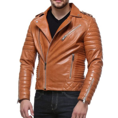 Men Tan Color Quilted Biker Leather Jacket