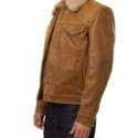 Men’s Brown Leather Trucker Jacket with Sheepskin Collar
