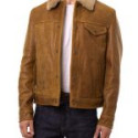 Men’s Brown Leather Trucker Jacket with Sheepskin Collar