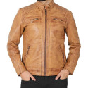 Mens Distressed Camel Brown Quilted Leather Jacket