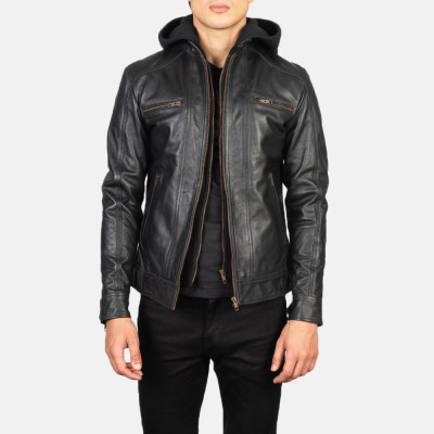 Hector Black Hooded Biker Leather Jacket