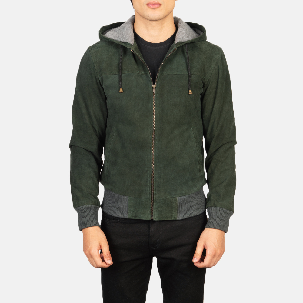 Nintenzo Green Hooded Suede Leather Bomber Jacket