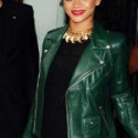 Rihanna Edgy Look Green Leather Jacket