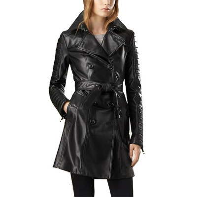 Women Black Lambskin Double Breasted Trench Coat