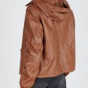 Women Brown Stripe Hoodie Leather Jacket