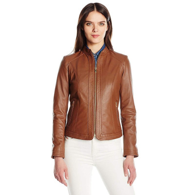 Women Elegant Stitch Panel Leather Jacket