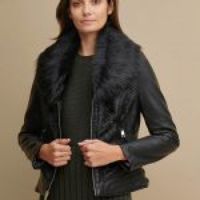 Women Faux Fur Black Leather Jacket