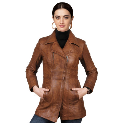 Women Tan Color Leather Biker Jacket