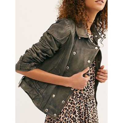 Women Vintage Gray Biker Leather Jacket