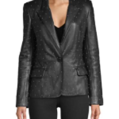 Women White Dots Black Real Leather Coats