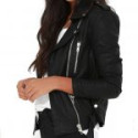 Women’s Black Biker Leather Epaulette Shoulder Jacket