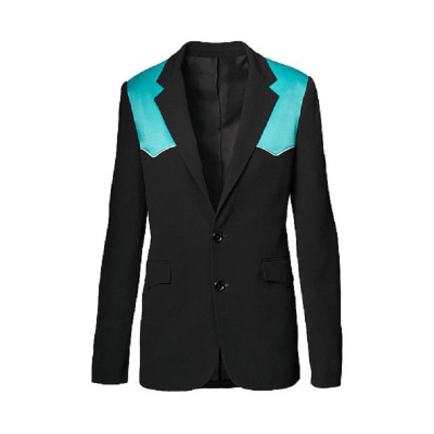 Women’s Blue Leather Shoulder Black Wool Coat