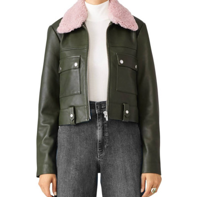Women’s Fur Collar Faux Leather Jacket In Green With Front Pockets